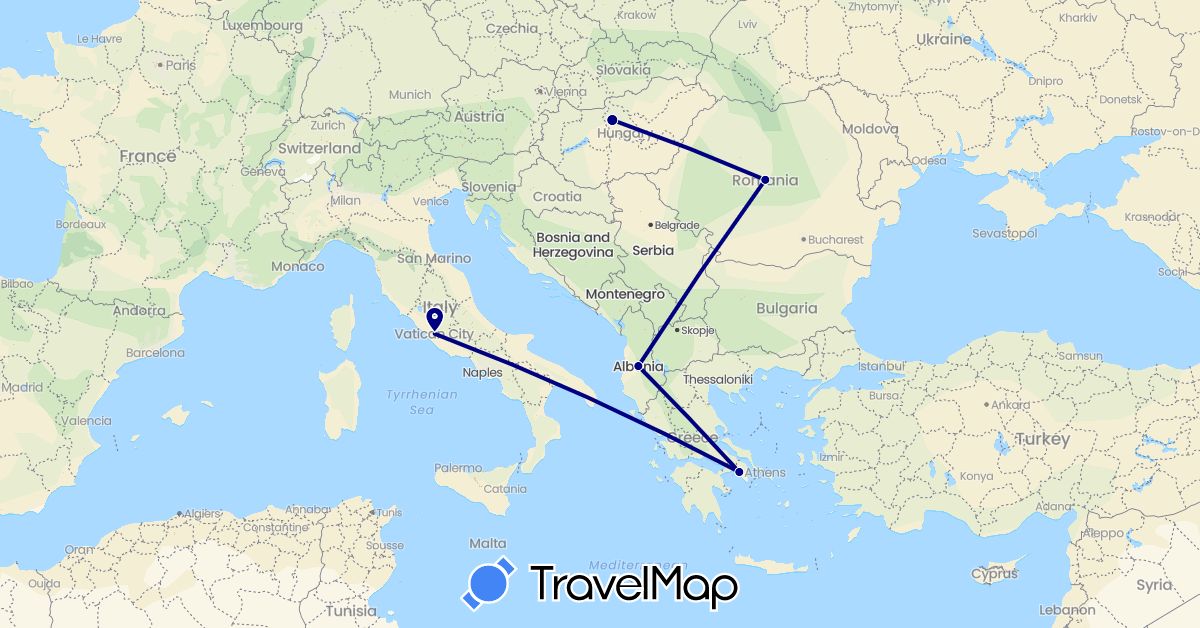 TravelMap itinerary: driving in Albania, Greece, Hungary, Italy, Romania (Europe)